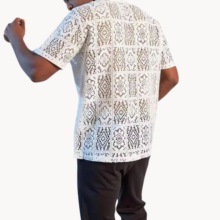Men's Short-Sleeve Camp Collar Shirt with Open Eyelet Knit Surface and Button Front