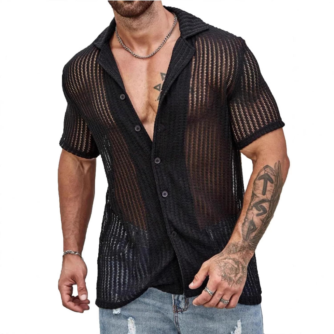 Men's Short-Sleeve Camp Collar Shirt with Open Waffle Knit Surface and Button Front