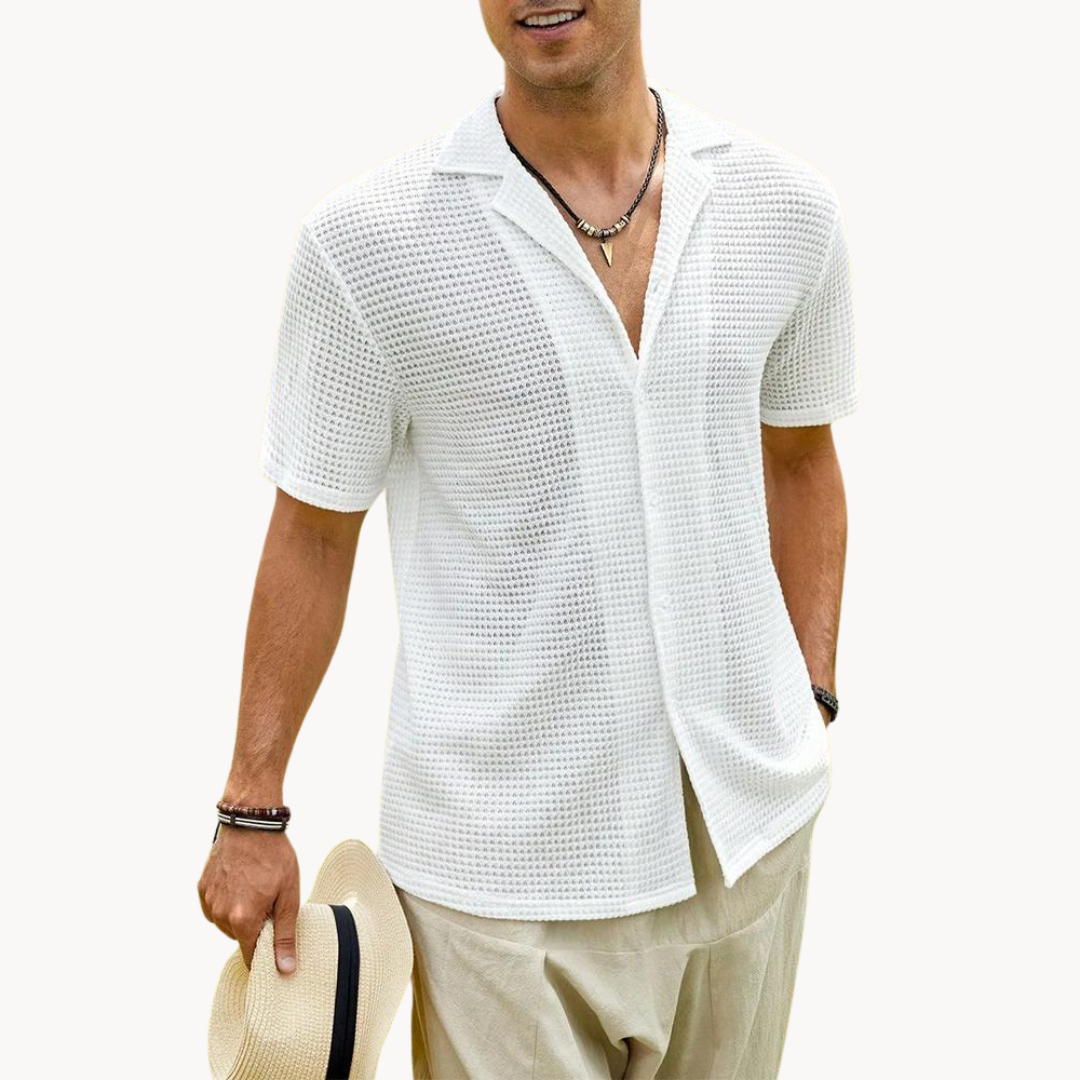 Men's Short-Sleeve Camp Collar Shirt with Open Waffle Knit Surface and Button Front