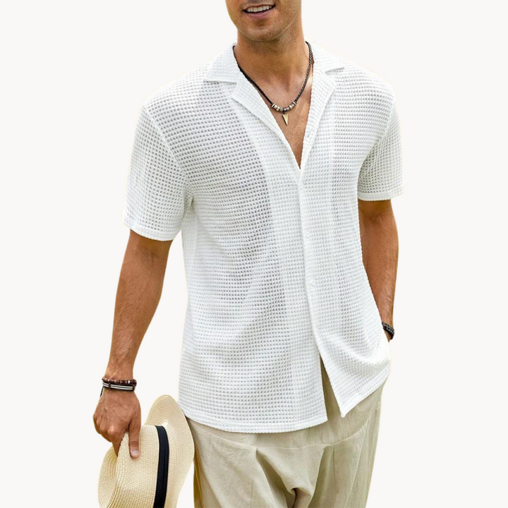 Men's Short-Sleeve Camp Collar Shirt with Open Waffle Knit Surface and Button Front