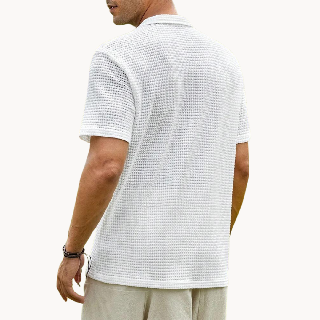 Men's Short-Sleeve Camp Collar Shirt with Open Waffle Knit Surface and Button Front