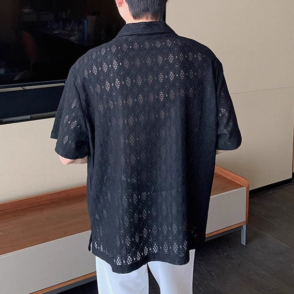 Men's Short Sleeve Camp Collar Shirt with Open-Weave Diamond Pattern and Button Front