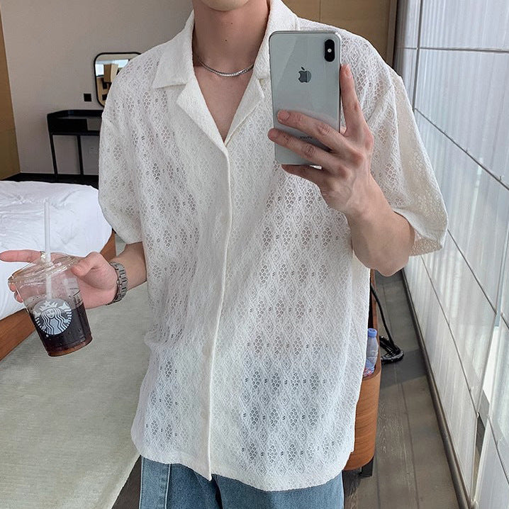 Men's Short Sleeve Camp Collar Shirt with Open-Weave Diamond Pattern and Button Front