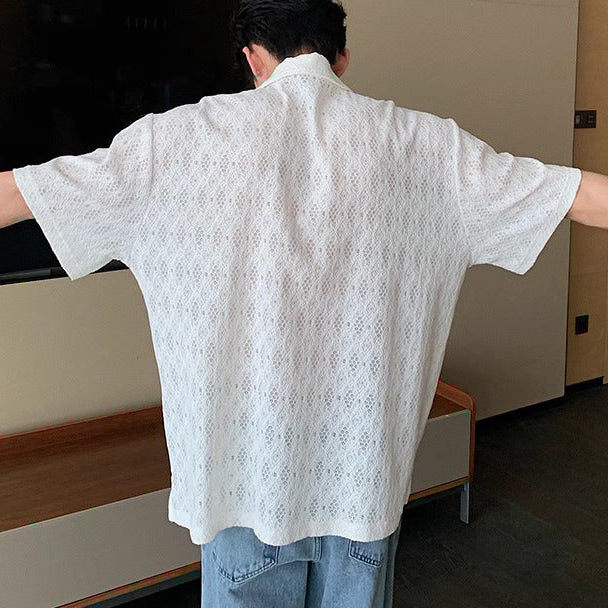 Men's Short Sleeve Camp Collar Shirt with Open-Weave Diamond Pattern and Button Front