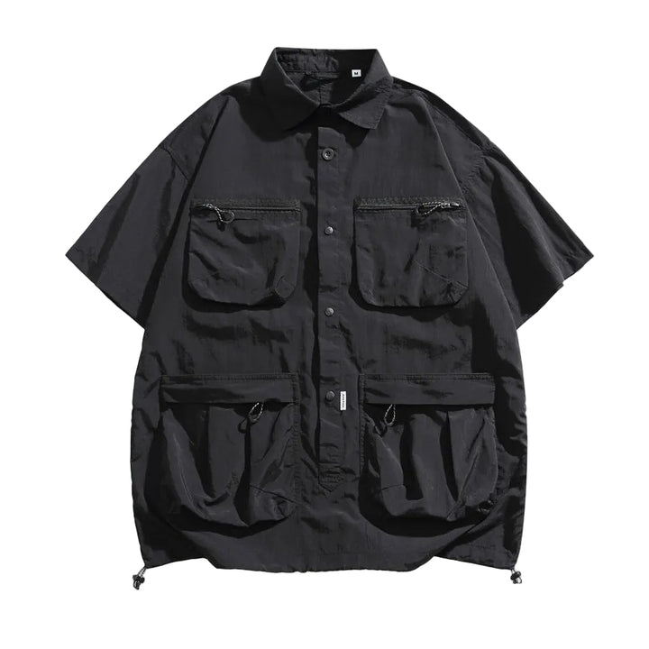 Men's Short Sleeve Collared Shirt with Four Zip Pockets and Drawstring Hem