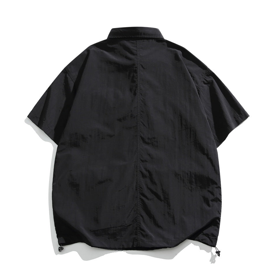 Men's Short Sleeve Collared Shirt with Four Zip Pockets and Drawstring Hem