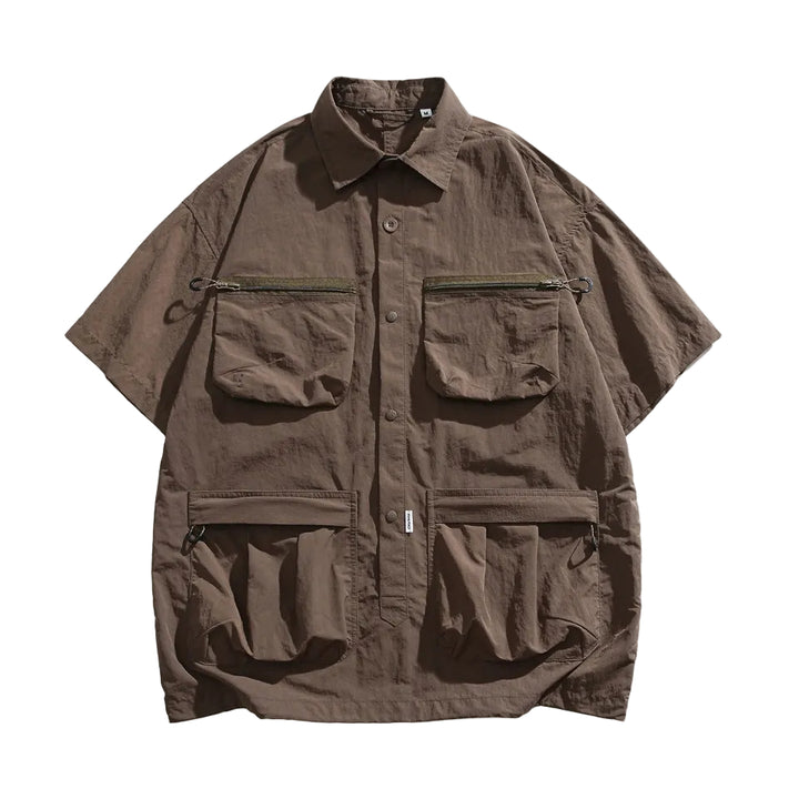 Men's Short Sleeve Collared Shirt with Four Zip Pockets and Drawstring Hem