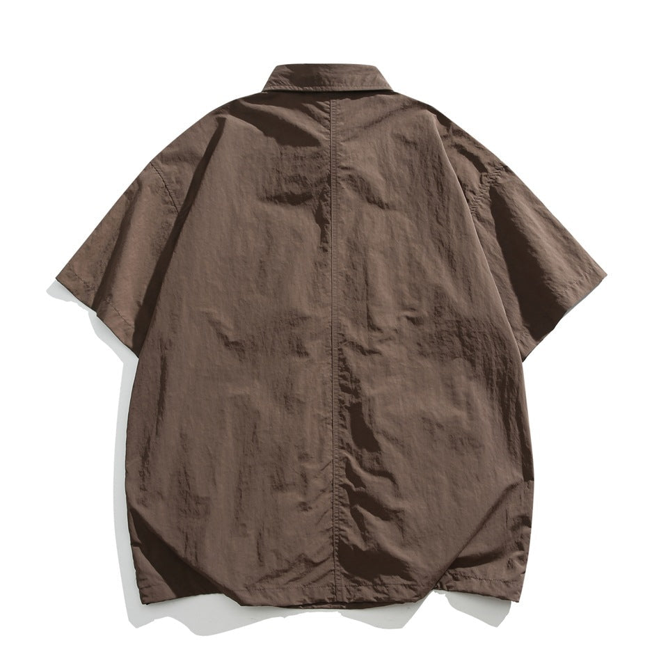 Men's Short Sleeve Collared Shirt with Four Zip Pockets and Drawstring Hem