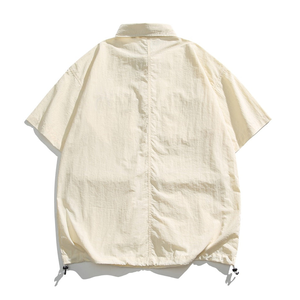 Men's Short Sleeve Collared Shirt with Four Zip Pockets and Drawstring Hem