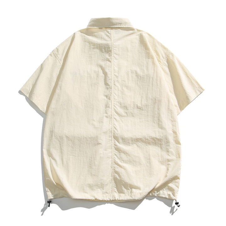 Men's Short Sleeve Collared Shirt with Four Zip Pockets and Drawstring Hem
