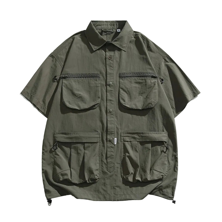 Men's Short Sleeve Collared Shirt with Four Zip Pockets and Drawstring Hem