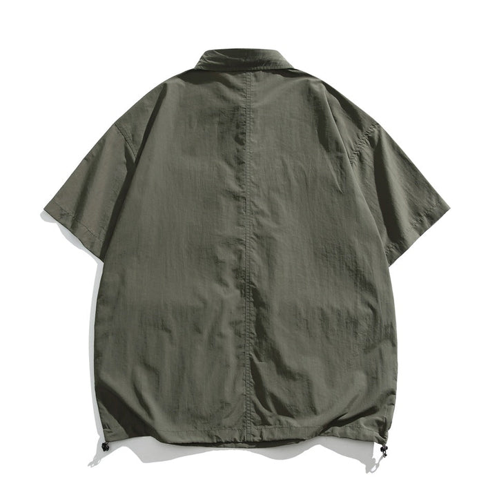 Men's Short Sleeve Collared Shirt with Four Zip Pockets and Drawstring Hem