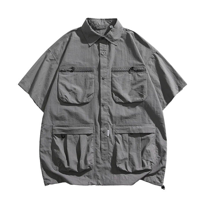 Men's Short Sleeve Collared Shirt with Four Zip Pockets and Drawstring Hem