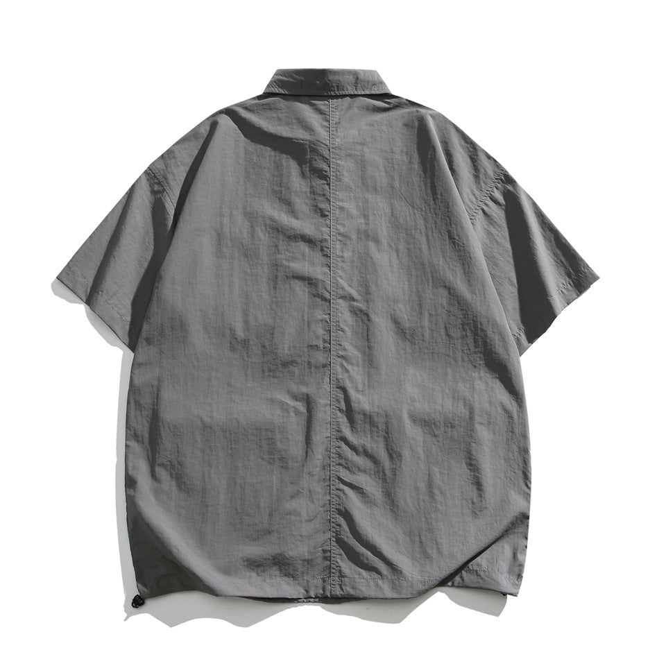 Men's Short Sleeve Collared Shirt with Four Zip Pockets and Drawstring Hem