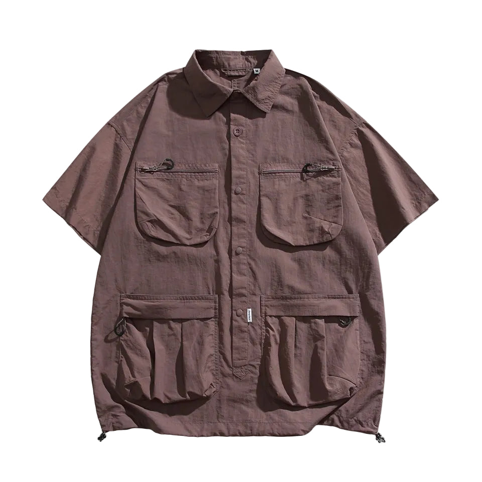 Men's Short Sleeve Collared Shirt with Four Zip Pockets and Drawstring Hem