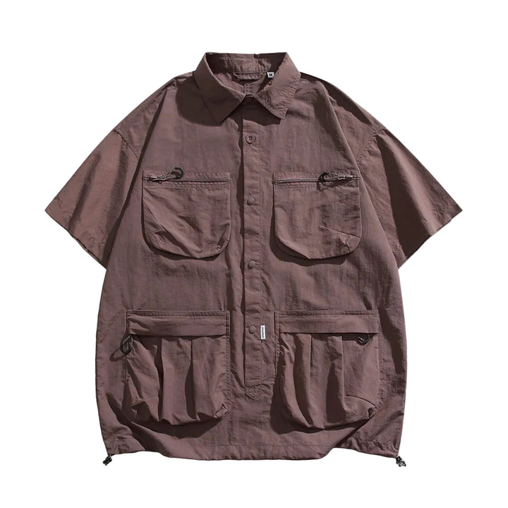 Men's Short Sleeve Collared Shirt with Four Zip Pockets and Drawstring Hem