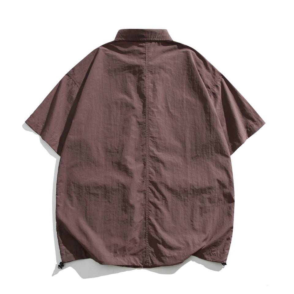 Men's Short Sleeve Collared Shirt with Four Zip Pockets and Drawstring Hem