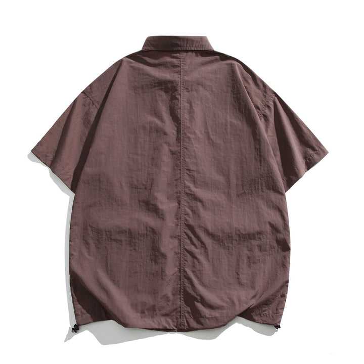 Men's Short Sleeve Collared Shirt with Four Zip Pockets and Drawstring Hem