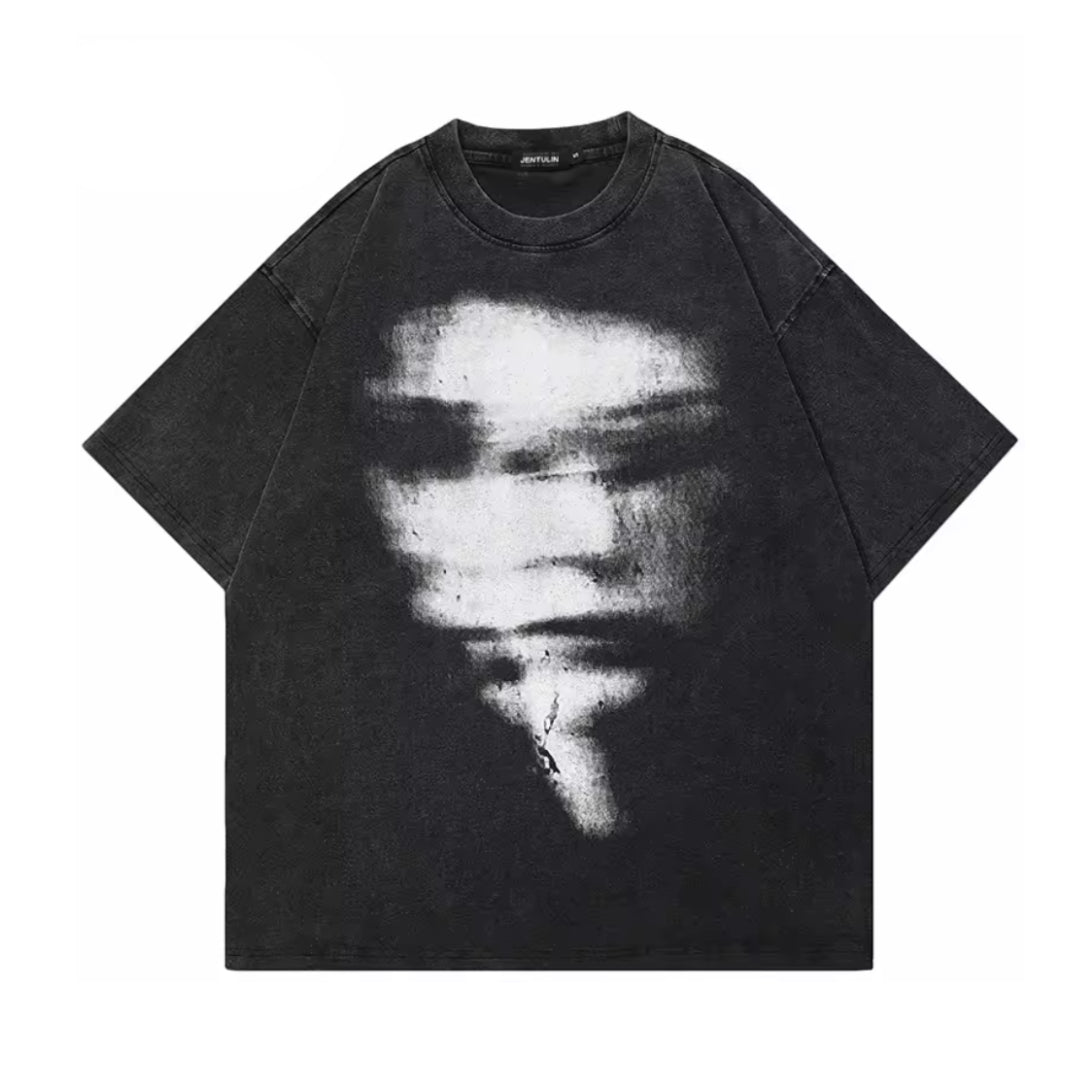Men's Short Sleeve Crew Neck T-Shirt with Blurred Face Graphic Print
