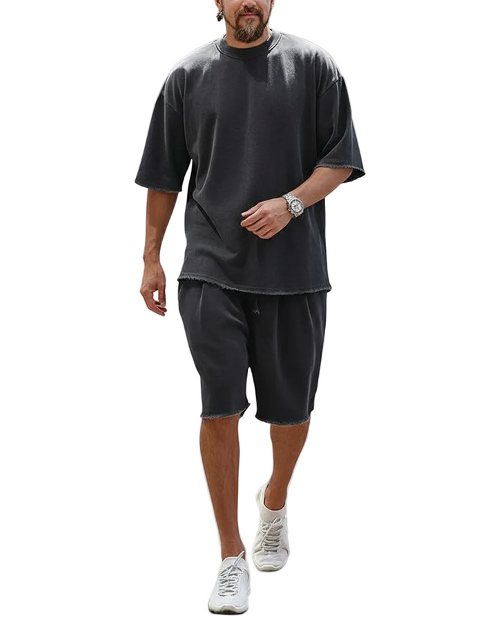 Men's Short Sleeve Crew Neck Top and Shorts Set with Raw Hem Edges and Drawstring Waist