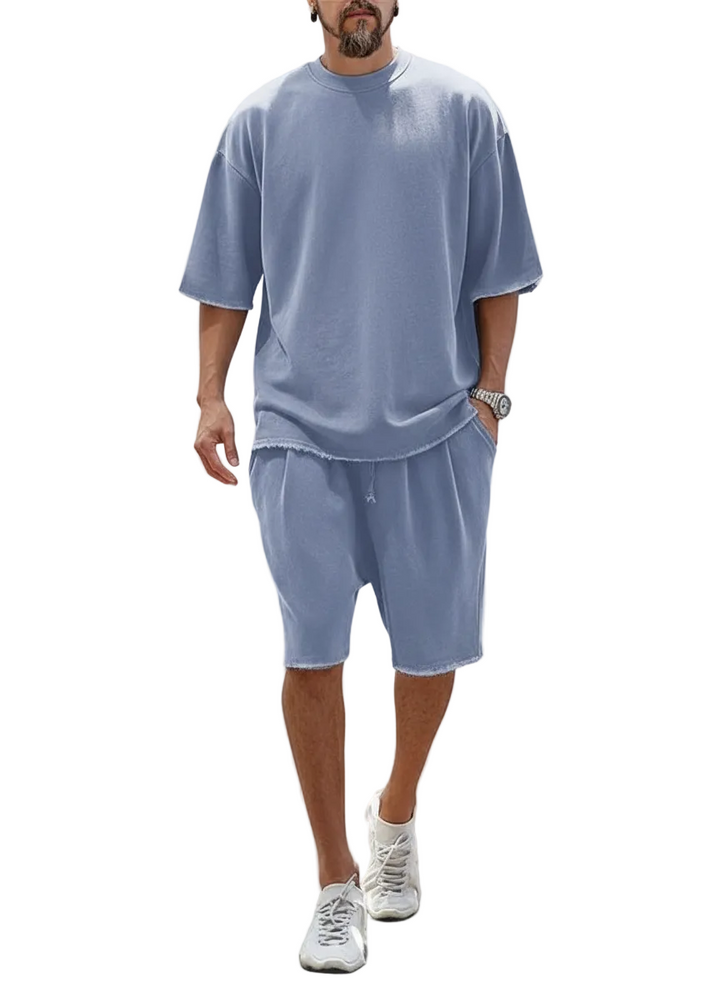 Men's Short Sleeve Crew Neck Top and Shorts Set with Raw Hem Edges and Drawstring Waist