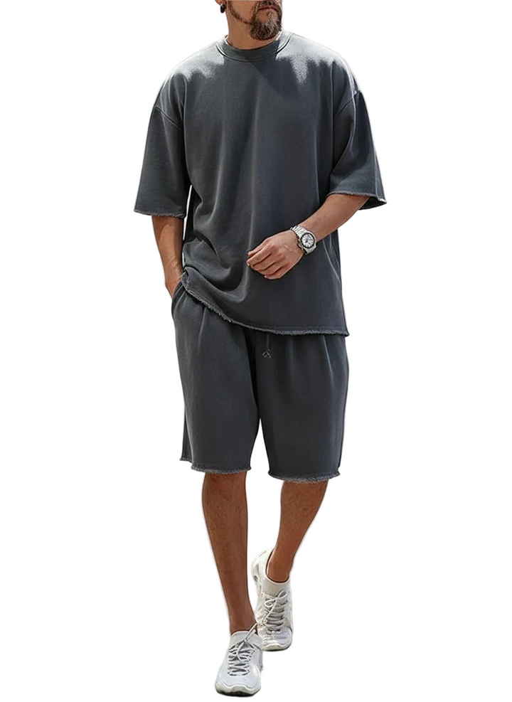 Men's Short Sleeve Crew Neck Top and Shorts Set with Raw Hem Edges and Drawstring Waist