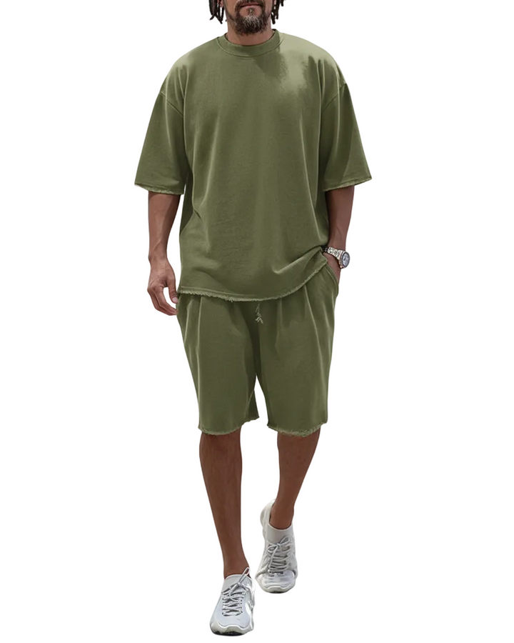 Men's Short Sleeve Crew Neck Top and Shorts Set with Raw Hem Edges and Drawstring Waist