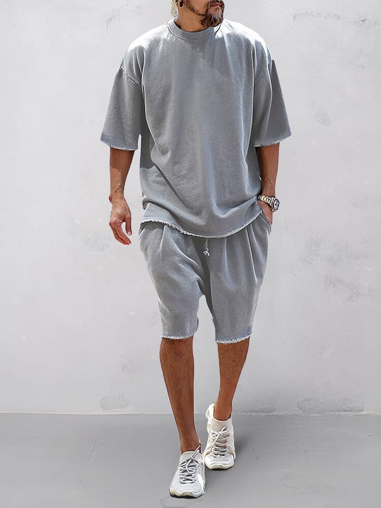 Men's Short Sleeve Crew Neck Top and Shorts Set with Raw Hem Edges and Drawstring Waist