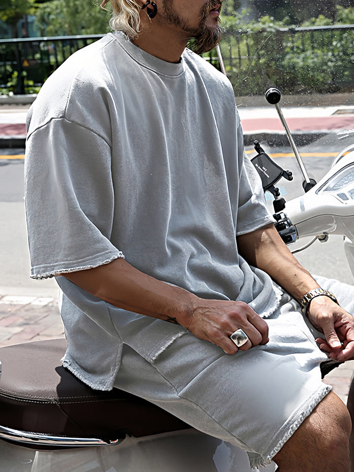 Men's Short Sleeve Crew Neck Top and Shorts Set with Raw Hem Edges and Drawstring Waist