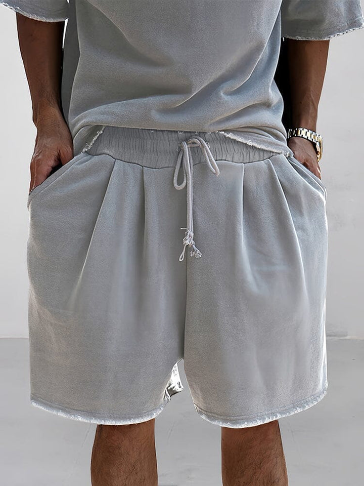 Men's Short Sleeve Crew Neck Top and Shorts Set with Raw Hem Edges and Drawstring Waist