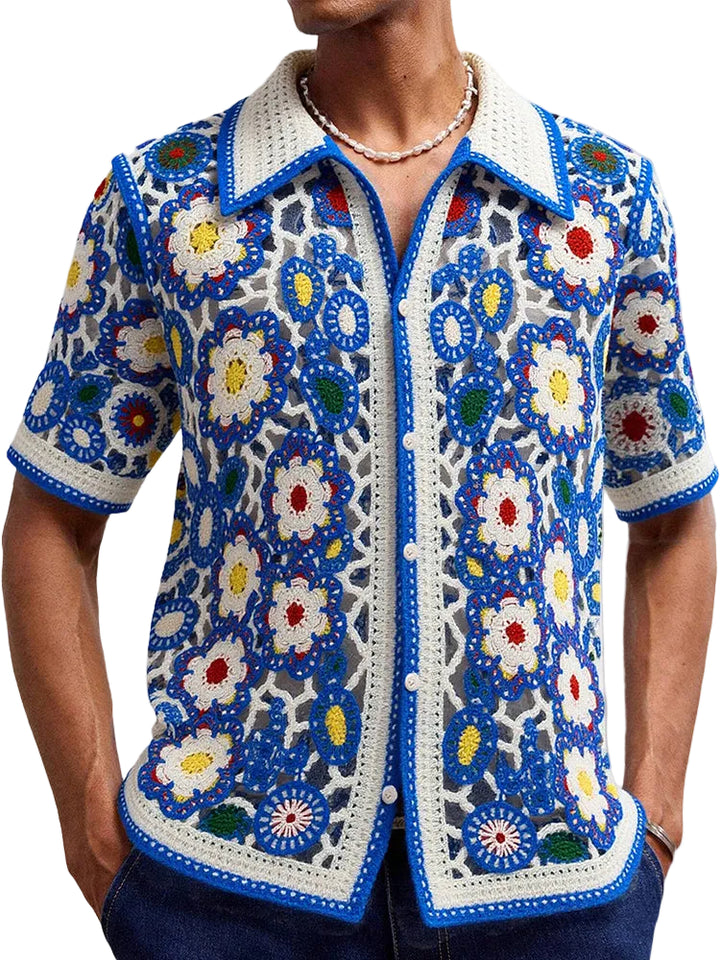 Men's Short Sleeve Crochet Floral Shirt with Point Collar and Button Front