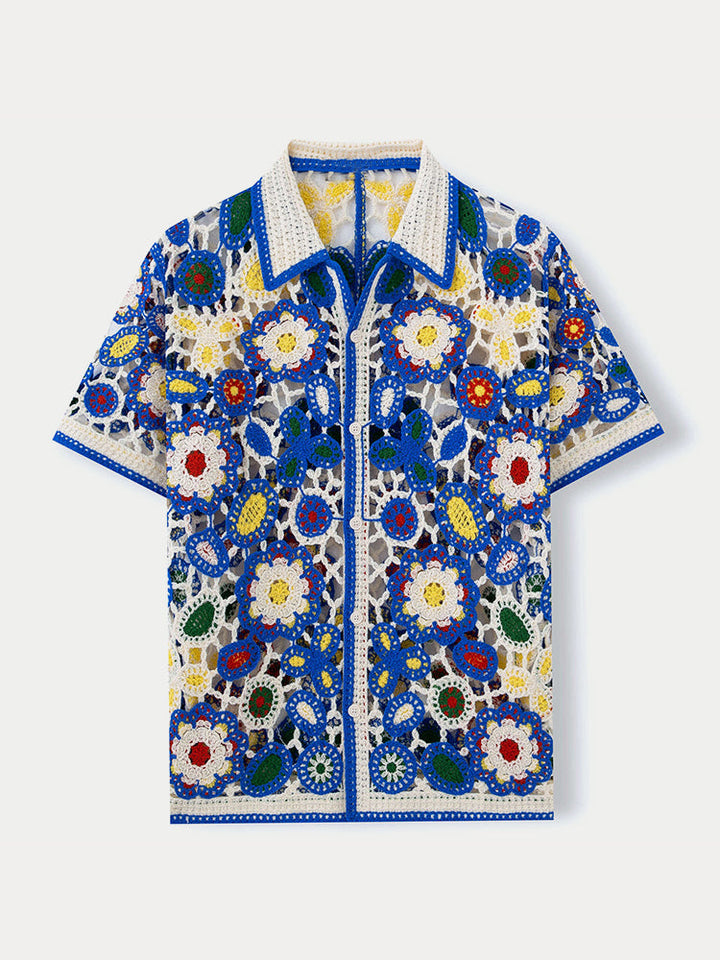 Men's Short Sleeve Crochet Floral Shirt with Point Collar and Button Front
