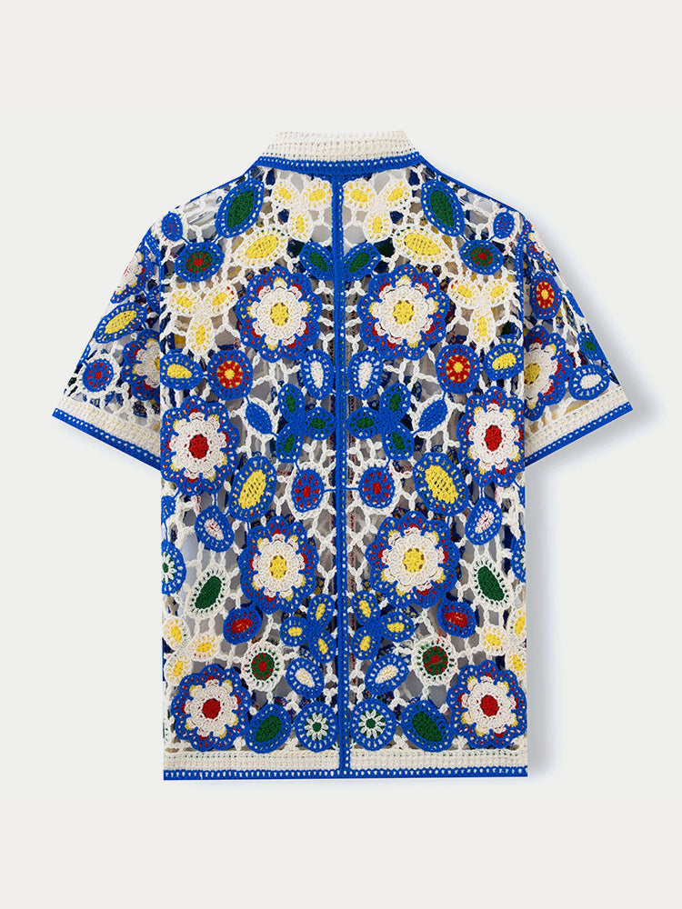 Men's Short Sleeve Crochet Floral Shirt with Point Collar and Button Front
