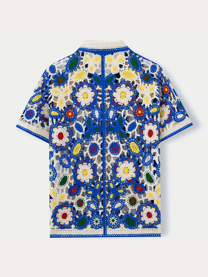 Men's Short Sleeve Crochet Floral Shirt with Point Collar and Button Front