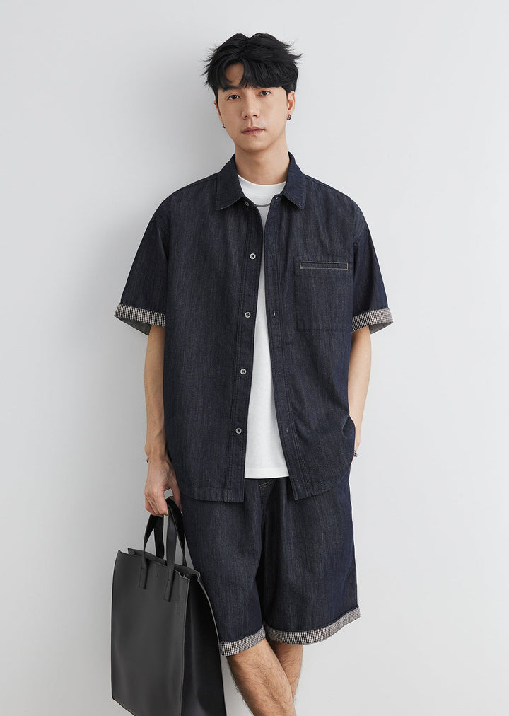 Men's Short Sleeve Denim Shirt and Shorts Set with Point Collar and Checked Cuff Trim