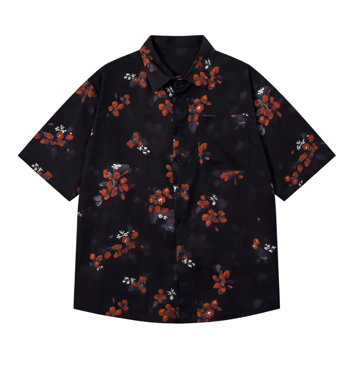Men's Short Sleeve Floral Print Shirt with Point Collar and Chest Pocket