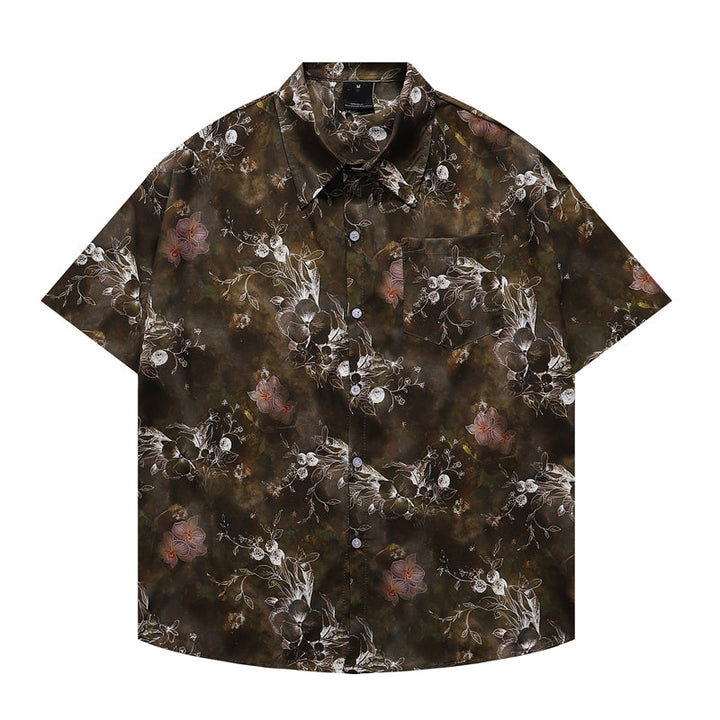 Men's Short Sleeve Floral Print Shirt with Point Collar and Chest Pocket