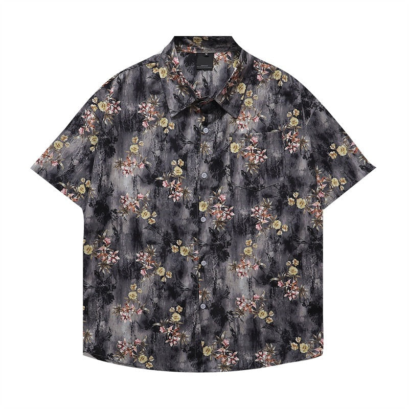 Men's Short Sleeve Floral Print Shirt with Point Collar and Chest Pocket