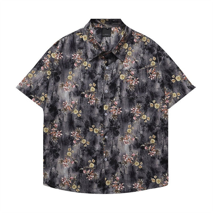 Men's Short Sleeve Floral Print Shirt with Point Collar and Chest Pocket