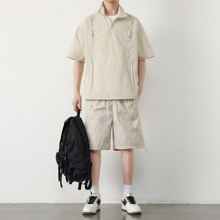 Men's Short Sleeve Half-Zip Stand Collar Top and Shorts Set with Zip Chest Pockets
