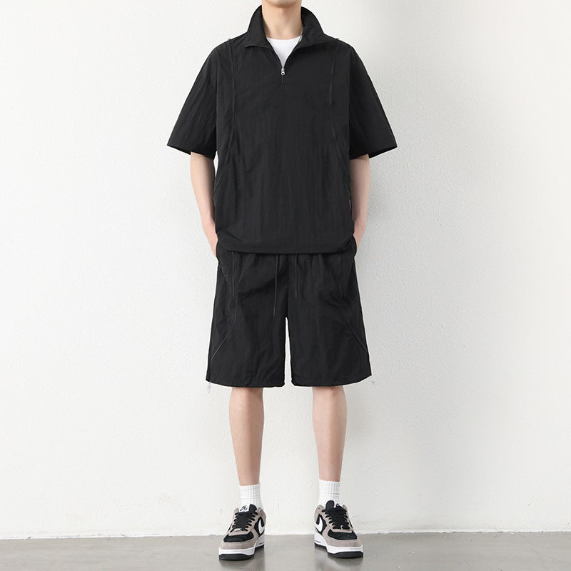 Men's Short Sleeve Half-Zip Stand Collar Top and Shorts Set with Zip Chest Pockets