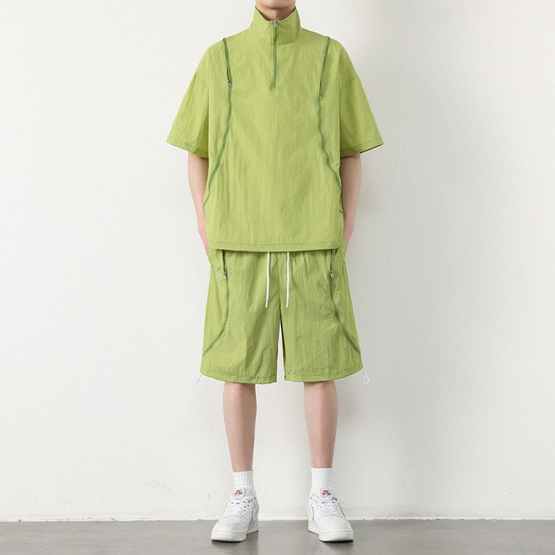 Men's Short Sleeve Half-Zip Stand Collar Top and Shorts Set with Zip Chest Pockets