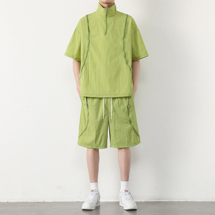 Men's Short Sleeve Half-Zip Stand Collar Top and Shorts Set with Zip Chest Pockets