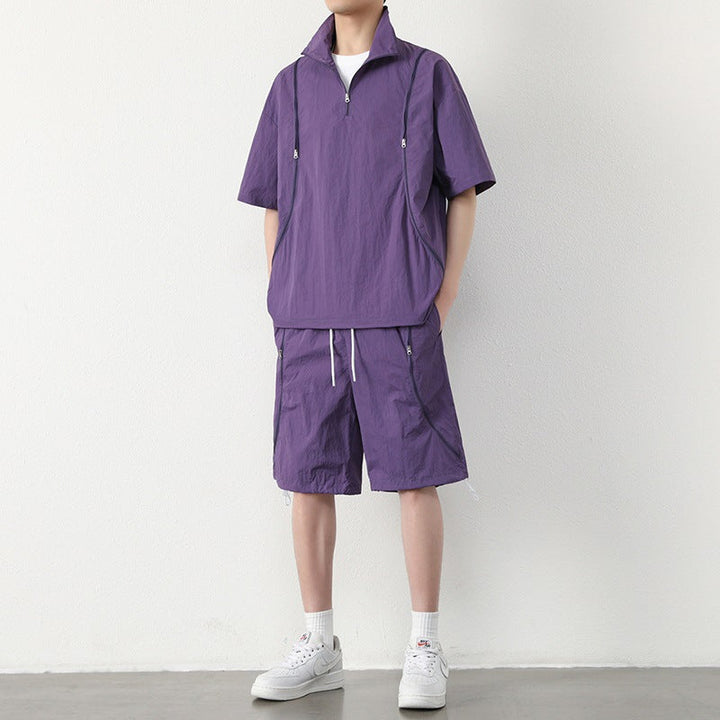Men's Short Sleeve Half-Zip Stand Collar Top and Shorts Set with Zip Chest Pockets