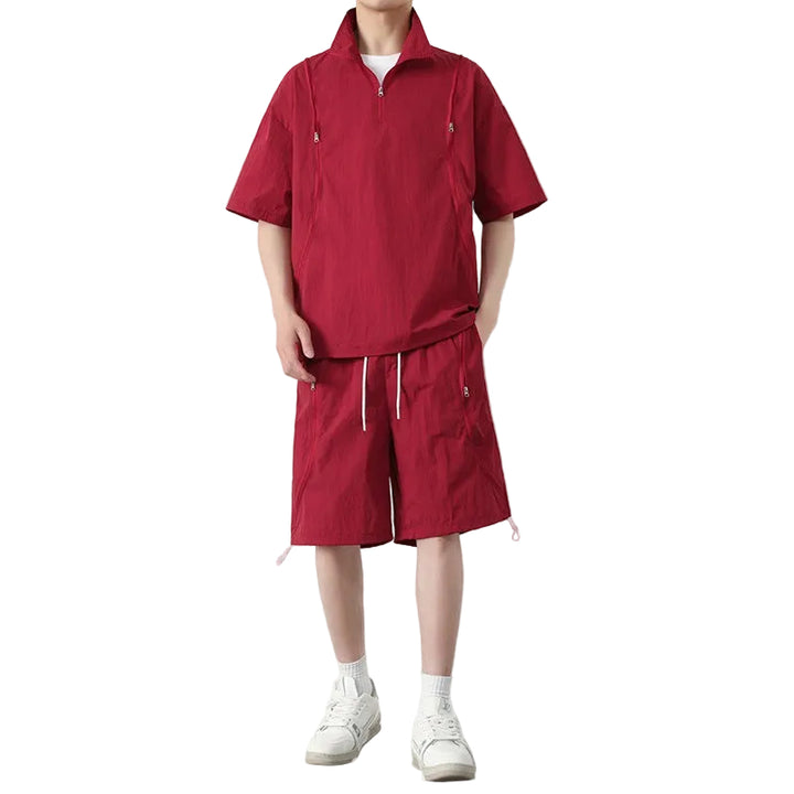 Men's Short Sleeve Half-Zip Stand Collar Top and Shorts Set with Zip Chest Pockets