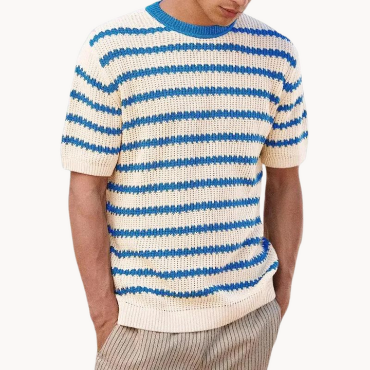 Men's Short-Sleeve Horizontal Stripe Waffle Knit T-Shirt with Contrast Crew Neckline and Ribbed Hem