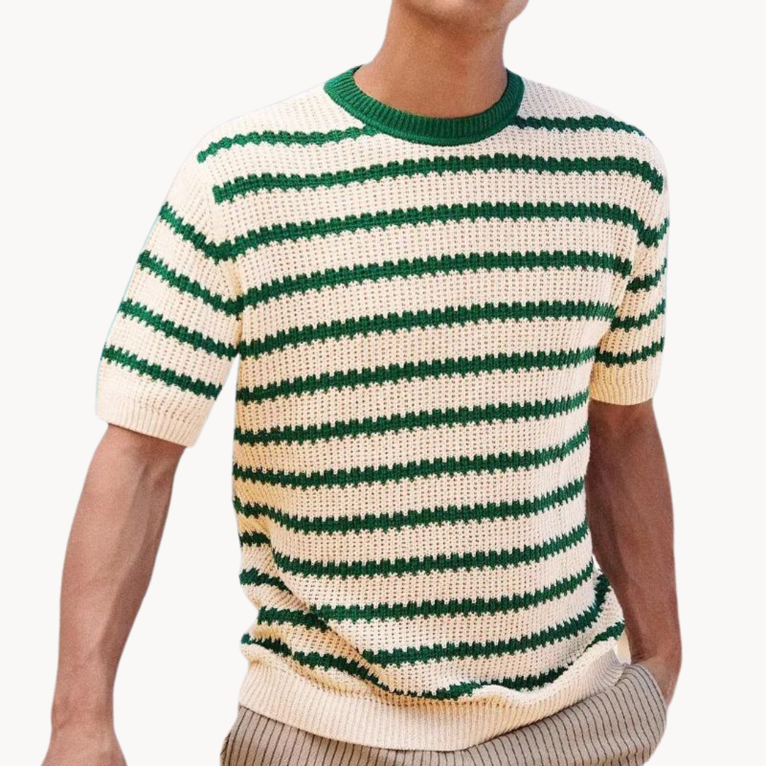 Men's Short-Sleeve Horizontal Stripe Waffle Knit T-Shirt with Contrast Crew Neckline and Ribbed Hem