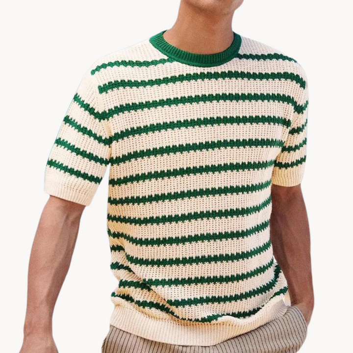 Men's Short-Sleeve Horizontal Stripe Waffle Knit T-Shirt with Contrast Crew Neckline and Ribbed Hem