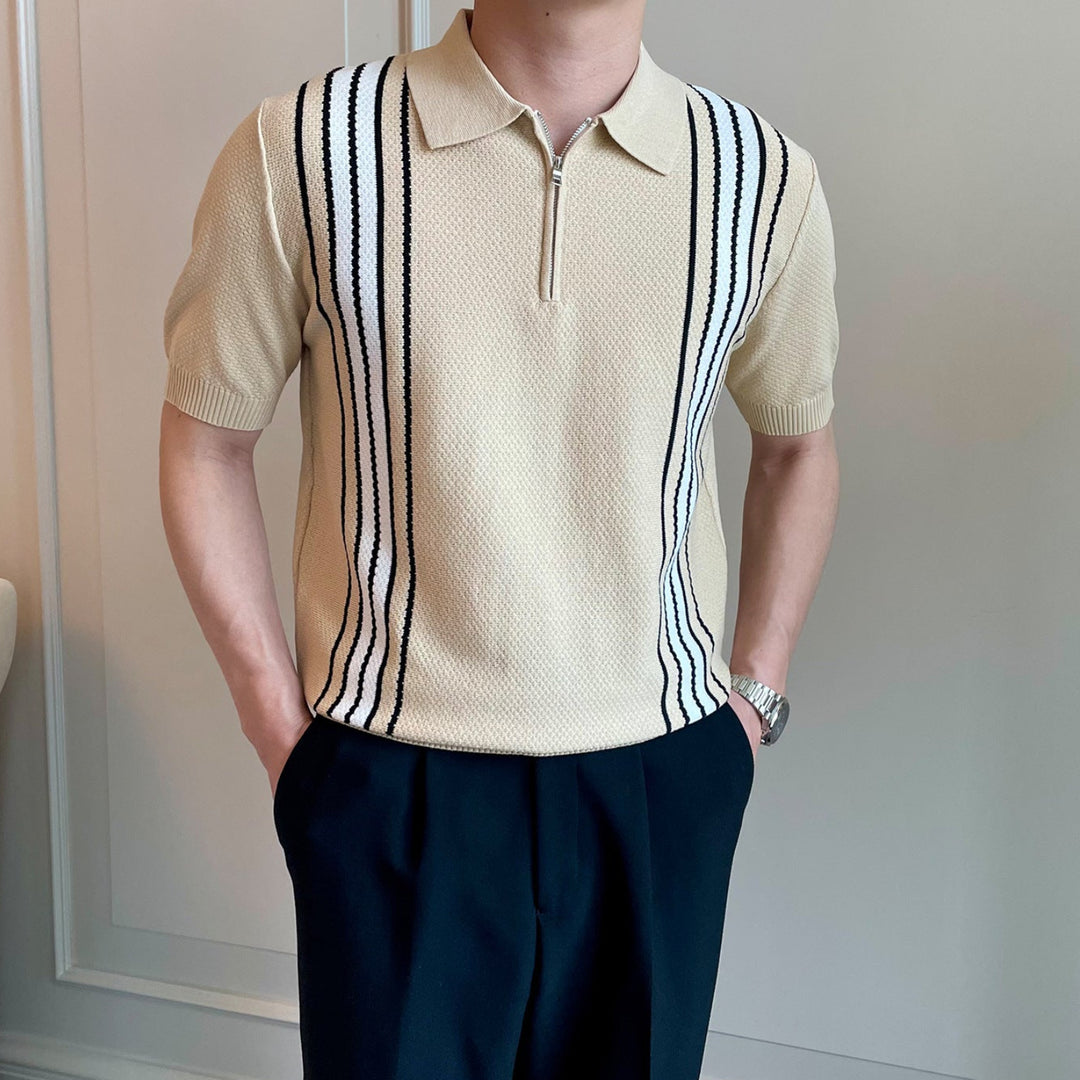 Men's Short-Sleeve Knit Half-Zip Polo Shirt with Vertical Stripe Pattern and Ribbed Cuffs