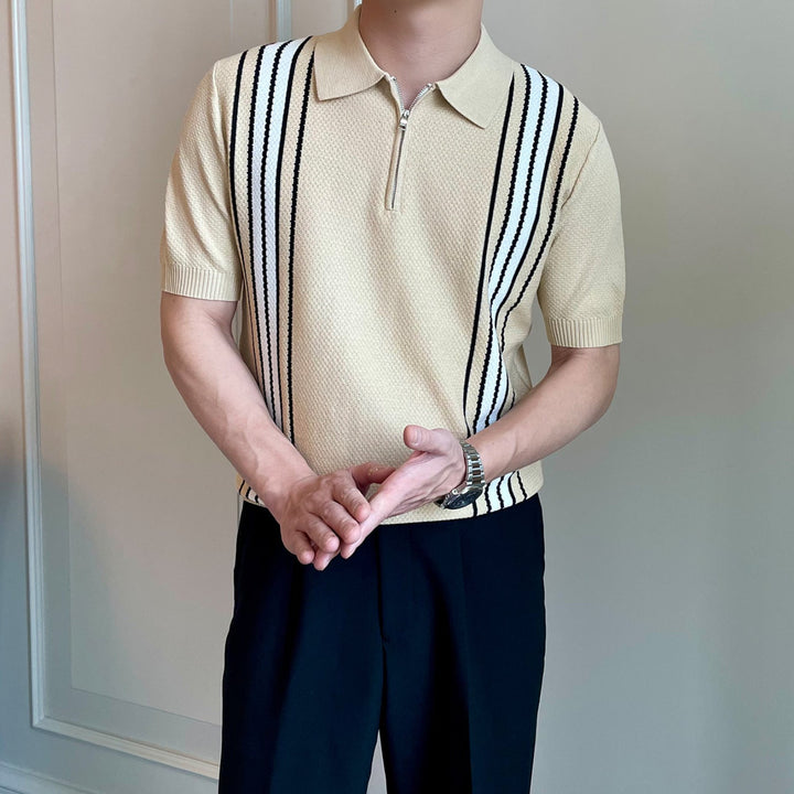 Men's Short-Sleeve Knit Half-Zip Polo Shirt with Vertical Stripe Pattern and Ribbed Cuffs